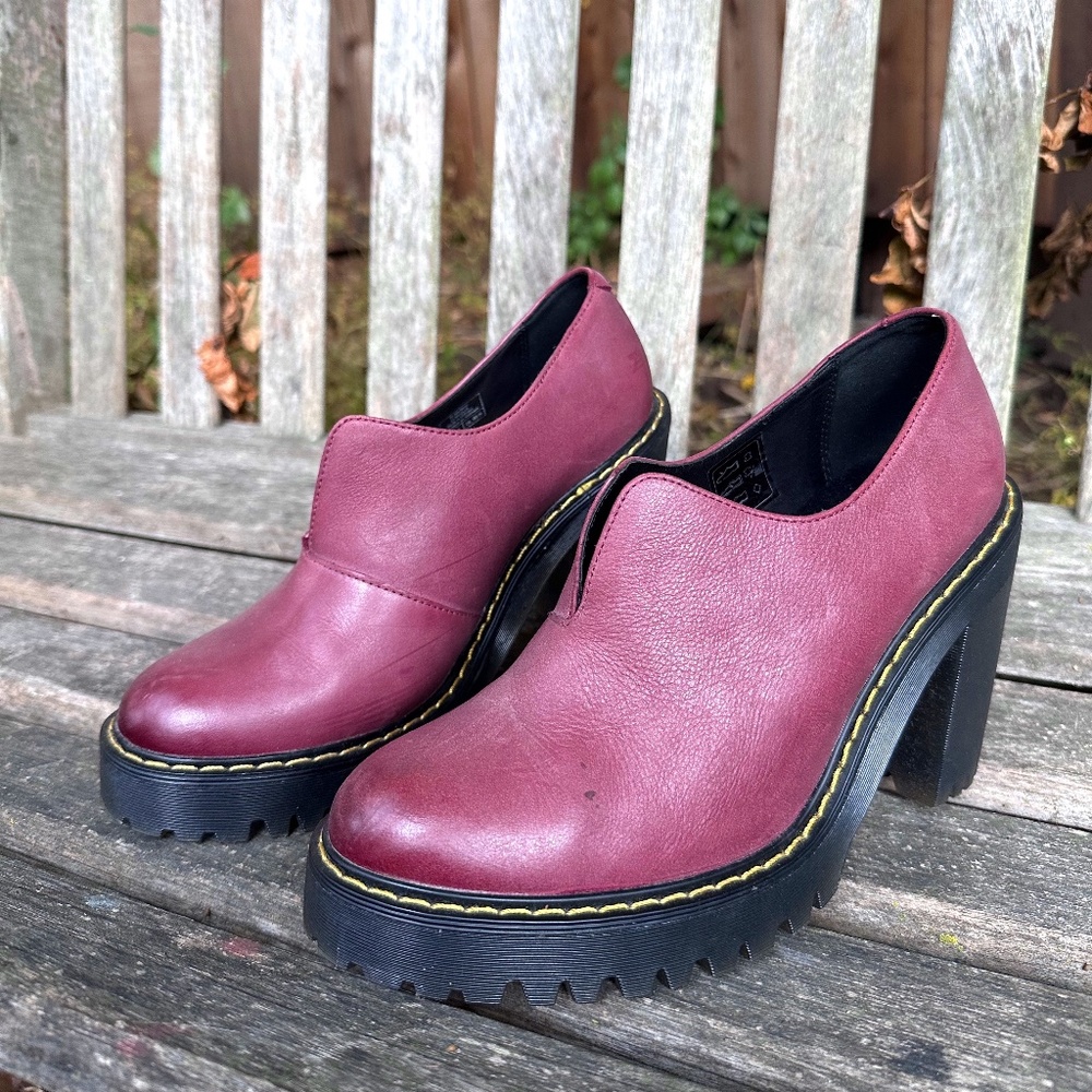 Dr Martens Cordelia Slip-On Lug-Sole Chunky Block Heeled Bootie - Wine - Size 7